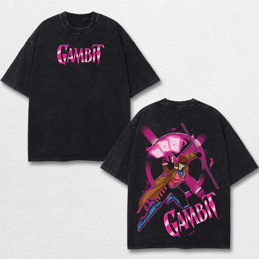 Gambit Xmen Hero Comic Double Printed Oversize Lightweight Acid Washed Tee, Character Marrvel Comics TV Series Graphic Design Unisex Top Cotton Streetwear T-Shirt Clothes Menswear