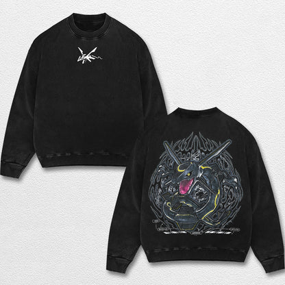 Retro Rayquaza - Pokemon Oversize Lightweight Acid Washed Hoodie Sweatshirt Tee, Anime Graphic Design Unisex Top Cotton Streetwear Shirt Clothes