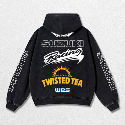 Retro Fly Suzuki Racing Washed Hoodie MotoGP World Champion Enthusiast Apparel Streetwear Racing Team Super Motorsports Clothing Riders Motocross Off-Road Dirt Bike Fan Gear Cotton For Moto Fan