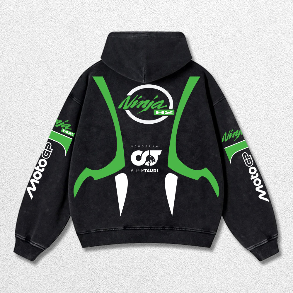 Retro Thunder Alphatauri Kawasaki Ninja H2 Racing Washed Hoodie MotoGP World Champion Enthusiast Apparel Streetwear Racing Team Super Motorsports Clothing Riders Motocross Off-Road Dirt Bike Fan Gear Cotton For Moto Fan