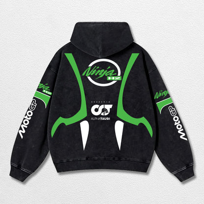 Retro Thunder Alphatauri Kawasaki Ninja H2 Racing Washed Hoodie MotoGP World Champion Enthusiast Apparel Streetwear Racing Team Super Motorsports Clothing Riders Motocross Off-Road Dirt Bike Fan Gear Cotton For Moto Fan