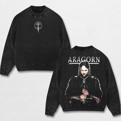 Retro Aragorn Vintage Washed T Shirt – Lord of the Rings Graphic Tee, LOTR Aragorn Shirt, White Tree of Gondor Middle Earth Fantasy Merch, Medieval Warrior Oversized Streetwear, Retro Dark Aesthetic Unisex Gift for Tolkien Fans