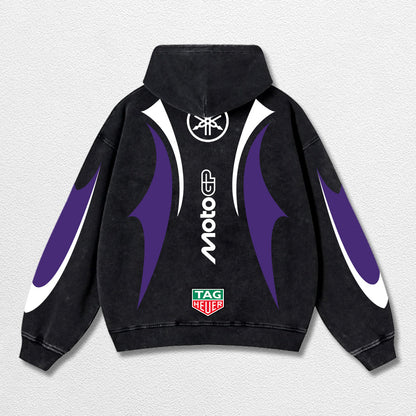 Retro Thunder Tagheuer Yamaha Racing Washed Hoodie MotoGP World Champion Enthusiast Apparel Streetwear Racing Team Super Motorsports Clothing Riders Motocross Off-Road Dirt Bike Fan Gear Cotton For Moto Fan