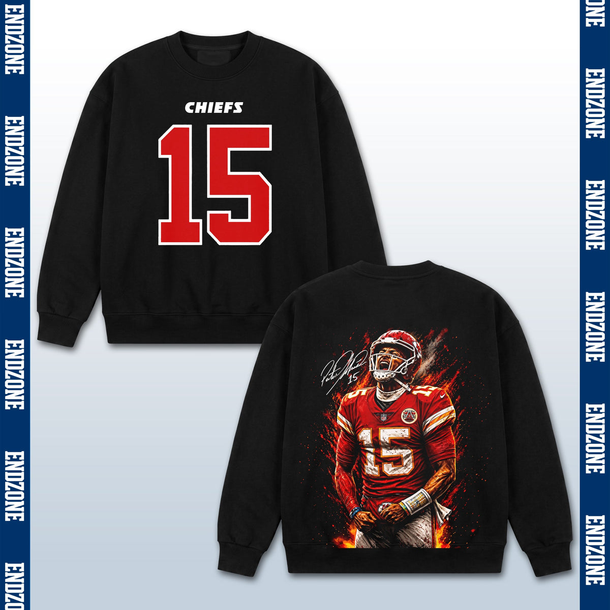 Patrick Mahomes Kansas City Chiefs #15 Fire Art Portrait Vintage Graphic Hoodie Sweatshirt T-Shirt, NFL Football Season Apparel, P. Mahomes PM15 GOAT Legend Retro Streetwear Tee, Kansas City Football Fan Gift