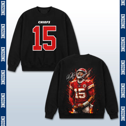 Patrick Mahomes Kansas City Chiefs #15 Fire Art Portrait Vintage Graphic Hoodie Sweatshirt T-Shirt, NFL Football Season Apparel, P. Mahomes PM15 GOAT Legend Retro Streetwear Tee, Kansas City Football Fan Gift