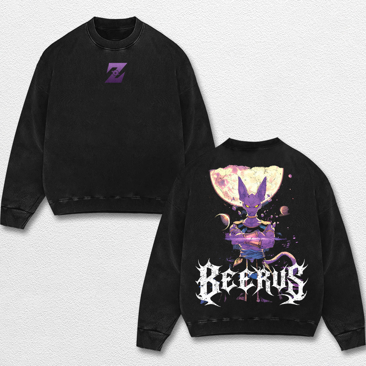Retro Beerus - Dragon Ball Z Oversize Lightweight Acid Washed Hoodie Sweatshirt Tee, Anime Graphic Design Unisex Top Cotton Streetwear Shirt Clothes