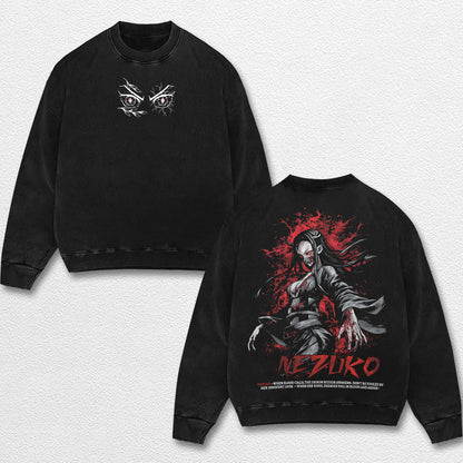 Retro Nezuko Kamado - Demon Slayer Oversize Lightweight Acid Washed Hoodie Sweatshirt Tee, Anime Graphic Design Unisex Top Cotton Streetwear Shirt Clothes