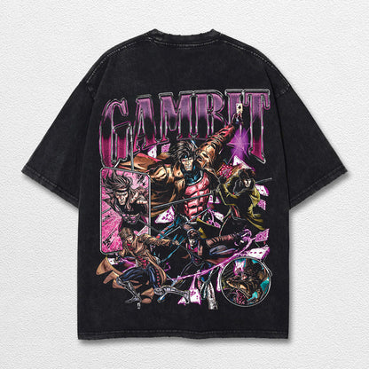 Gambit Xmen Hero Comic Double Printed Oversize Lightweight Acid Washed Tee, Character Marrvel Comics TV Series Graphic Design Unisex Top Cotton Streetwear T-Shirt Clothes Menswear