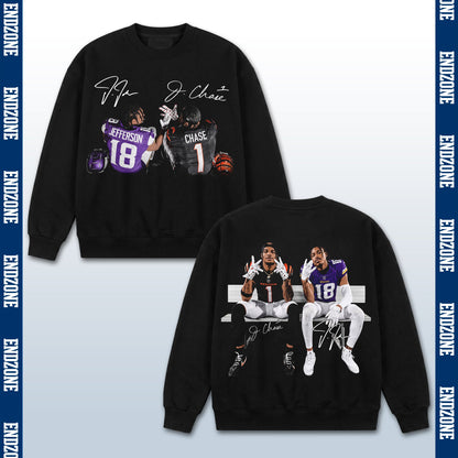 Justin Jefferson #18 & Ja'Marr Chase #1, Minnesota Vikings & Cincinnati Bengals Duo Bench Celebration Vintage Graphic Hoodie Sweatshirt T-Shirt, NFL Football Season Apparel, JJ18 Jetsetta & JC1 Ja'Marr Legend Retro Streetwear Tee, Football Fan Gift