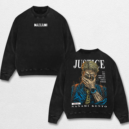 Retro Kento Nanami - Jujutsu Kaisen Oversize Lightweight Acid Washed Hoodie Sweatshirt Tee, Anime Graphic Design Unisex Top Cotton Streetwear Shirt Clothes
