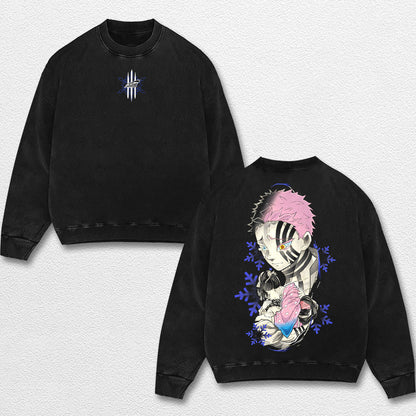 Retro Akaza and Koyuki - Demon Slayer Oversize Lightweight Acid Washed Hoodie Sweatshirt Tee, Anime Graphic Design Unisex Top Cotton Streetwear Shirt Clothes