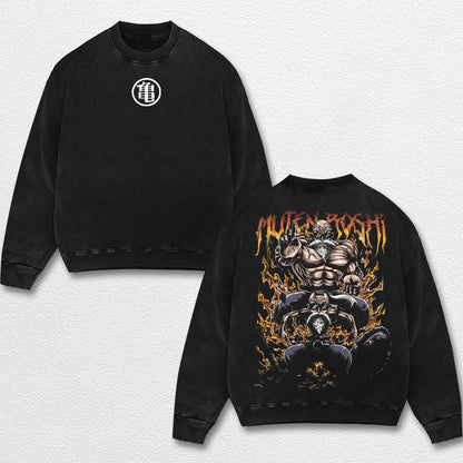 Retro Muten Roshi - Dragon Ball Z Oversize Lightweight Acid Washed Hoodie Sweatshirt Tee, Anime Graphic Design Unisex Top Cotton Streetwear Shirt Clothes