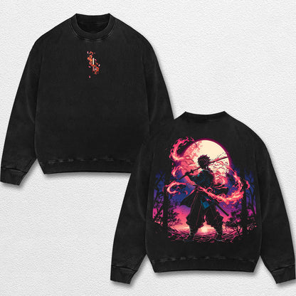 Retro Kamado Tanjiro - Demon Slayer Oversize Lightweight Acid Washed Hoodie Sweatshirt Tee, Anime Graphic Design Unisex Top Cotton Streetwear Shirt Clothes