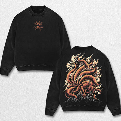 Retro Kurama Nine Tailed Fox - Naruto Oversize Lightweight Acid Washed Hoodie Sweatshirt Tee, Anime Graphic Design Unisex Top Cotton Streetwear Shirt Clothes