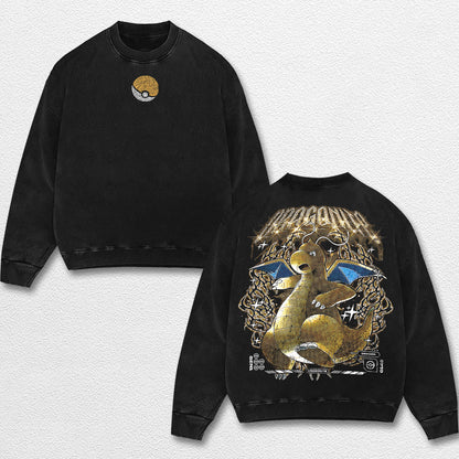 Retro Dragonite - Pokemon Oversize Lightweight Acid Washed Hoodie Sweatshirt Tee, Anime Graphic Design Unisex Top Cotton Streetwear Shirt Clothes