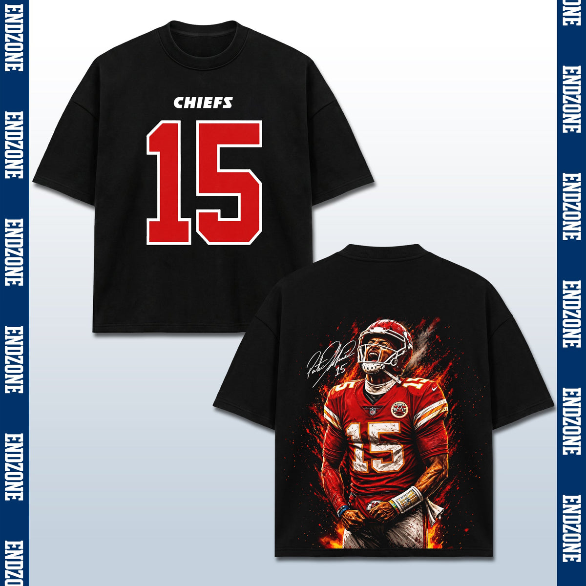 Patrick Mahomes Kansas City Chiefs #15 Fire Art Portrait Vintage Graphic Hoodie Sweatshirt T-Shirt, NFL Football Season Apparel, P. Mahomes PM15 GOAT Legend Retro Streetwear Tee, Kansas City Football Fan Gift