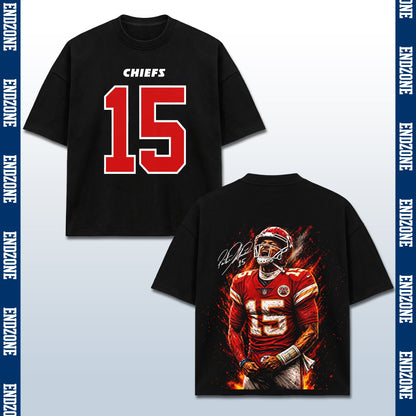 Patrick Mahomes Kansas City Chiefs #15 Fire Art Portrait Vintage Graphic Hoodie Sweatshirt T-Shirt, NFL Football Season Apparel, P. Mahomes PM15 GOAT Legend Retro Streetwear Tee, Kansas City Football Fan Gift