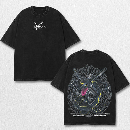 Retro Rayquaza - Pokemon Oversize Lightweight Acid Washed Hoodie Sweatshirt Tee, Anime Graphic Design Unisex Top Cotton Streetwear Shirt Clothes