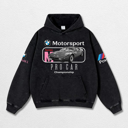 Retro BMW M1 Motosport Racing Washed Hoodie  Fomula 1 World Champion Enthusiast Apparel Streetwear Racing Team Super Motorsports Clothing Riders Motocross Off-Road Dirt Bike Fan Gear Cotton For Moto Fan