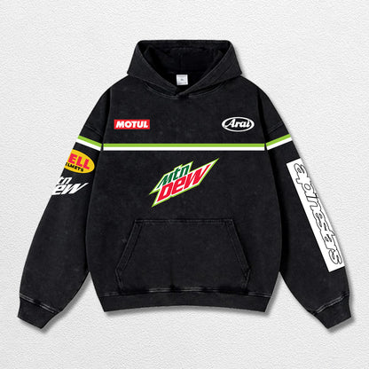 Retro Alpinestars Mountain Dew Racing Washed Hoodie MotoGP World Champion Enthusiast Apparel Streetwear Racing Team Super Motorsports Clothing Riders Motocross Off-Road Dirt Bike Fan Gear Cotton For Moto Fan