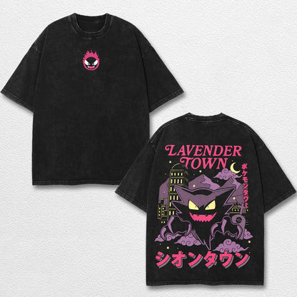 Retro Lavender Town - Pokemon Oversize Lightweight Acid Washed Hoodie Sweatshirt Tee, Anime Graphic Design Unisex Top Cotton Streetwear Shirt Clothes