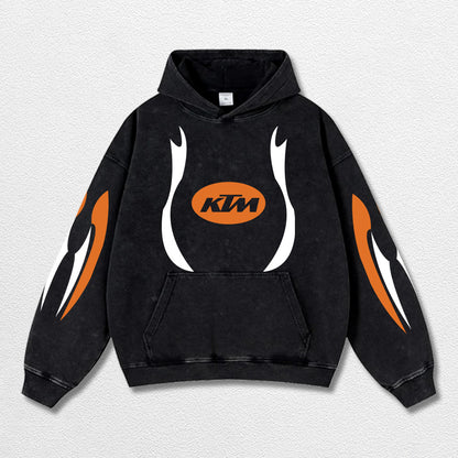 Retro Thunder Red Bull KTM Racing Washed Hoodie MotoGP World Champion Enthusiast Apparel Streetwear Racing Team Super Motorsports Clothing Riders Motocross Off-Road Dirt Bike Fan Gear Cotton For Moto Fan