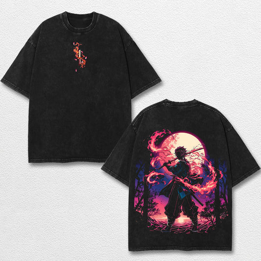 Retro Kamado Tanjiro - Demon Slayer Oversize Lightweight Acid Washed Hoodie Sweatshirt Tee, Anime Graphic Design Unisex Top Cotton Streetwear Shirt Clothes