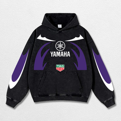 Retro Thunder Tagheuer Yamaha Racing Washed Hoodie MotoGP World Champion Enthusiast Apparel Streetwear Racing Team Super Motorsports Clothing Riders Motocross Off-Road Dirt Bike Fan Gear Cotton For Moto Fan