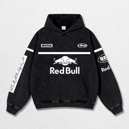 Retro Alpinestars Red Bull White Racing Washed Hoodie MotoGP World Champion Enthusiast Apparel Streetwear Racing Team Super Motorsports Clothing Riders Motocross Off-Road Dirt Bike Fan Gear Cotton For Moto Fan
