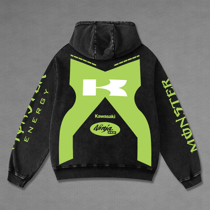 Kawasaki Ninja H2 Biker Hoodie Washed Vintage MotoGP Racing Streetwear, Motorcycle Graphic Hoodie Unisex, Designed for Motor Fans, Sportbike Culture, Speed Lovers & Urban Motorbike Style