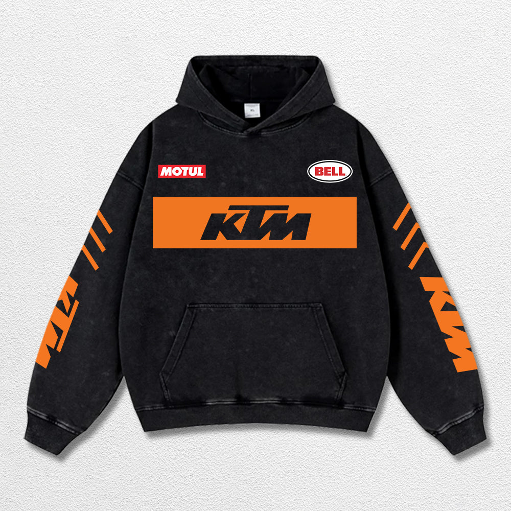 Retro Bell Helmets Redbull KTM Racing Washed Hoodie MotoGP World Champion Enthusiast Apparel Streetwear Racing Team Super Motorsports Clothing Riders Motocross Off-Road Dirt Bike Fan Gear Cotton For Moto Fan
