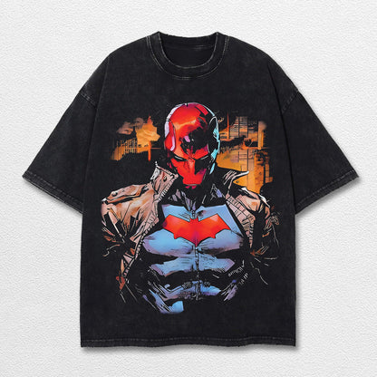 Red Hood Hero Comic Double Printed Oversize Lightweight Acid Washed Tee, Character Marrvel Comics TV Series Graphic Design Unisex Top Cotton Streetwear T-Shirt Clothes Menswear
