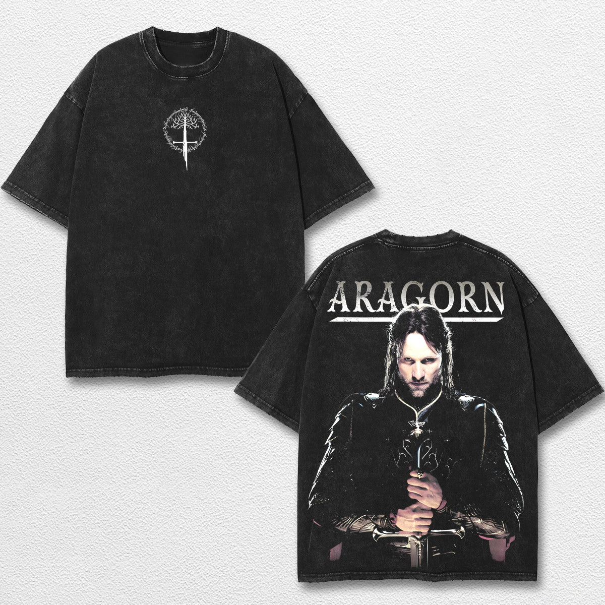Retro Aragorn Vintage Washed T Shirt – Lord of the Rings Graphic Tee, LOTR Aragorn Shirt, White Tree of Gondor Middle Earth Fantasy Merch, Medieval Warrior Oversized Streetwear, Retro Dark Aesthetic Unisex Gift for Tolkien Fans