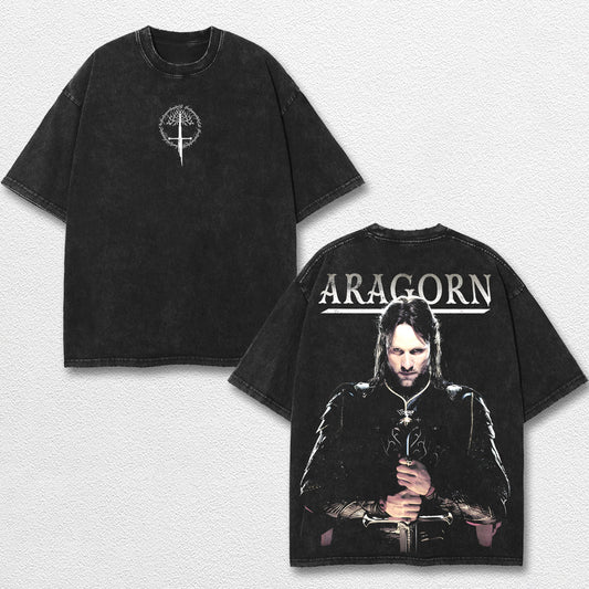 Retro Aragorn Vintage Washed T Shirt – Lord of the Rings Graphic Tee, LOTR Aragorn Shirt, White Tree of Gondor Middle Earth Fantasy Merch, Medieval Warrior Oversized Streetwear, Retro Dark Aesthetic Unisex Gift for Tolkien Fans