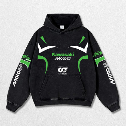 Retro Thunder Alphatauri Kawasaki Ninja H2 Racing Washed Hoodie MotoGP World Champion Enthusiast Apparel Streetwear Racing Team Super Motorsports Clothing Riders Motocross Off-Road Dirt Bike Fan Gear Cotton For Moto Fan