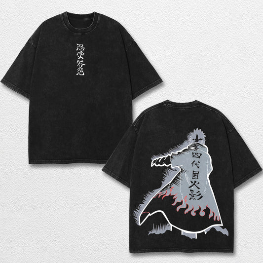 Retro Minato Namikaze Hokage - Naruto Oversize Lightweight Acid Washed Hoodie Sweatshirt Tee, Anime Graphic Design Unisex Top Cotton Streetwear Shirt Clothes