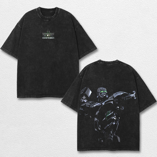 Retro Zeus Shirt – Real Steel Robot Graphic Tee, Neon Cyberpunk Mecha Boxing Robot T Shirt, Japanese Text Streetwear Design, Retro Sci Fi Oversized Washed Unisex Tee, TV Movie Inspired Merch, Gift for Robot Fan