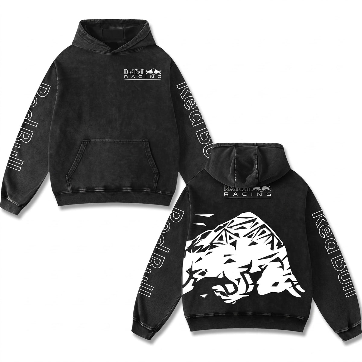 Retro Geometric Red Bull Racing Hoodie Black Acid Washed, Formula F1 Origami Bull Graphic, Motorsport Biker Streetwear, Heavyweight Sweatshirt, Retro Moto Gear Apparel Men’s Women’s Grunge Y2K Racing Jacket Style Oversized Clothes