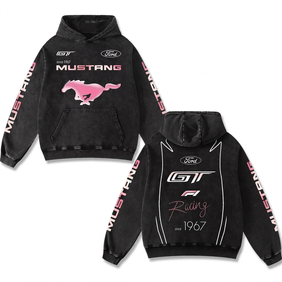 Retro Pink Ford Mustang GT Racing Hoodie Black Acid Washed, Since 1967 Muscle Car Horse Graphic, F1 Speed Motorsport Streetwear, Heavyweight Sweatshirt, Retro Moto Gear Apparel Men’s Women’s Grunge Y2K Racing Jacket Style Oversized Clothes