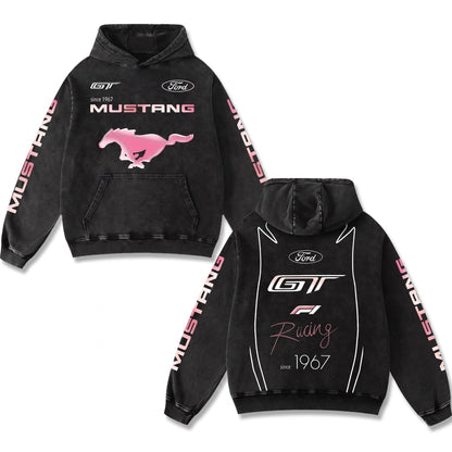Retro Pink Ford Mustang GT Racing Hoodie Black Acid Washed, Since 1967 Muscle Car Horse Graphic, F1 Speed Motorsport Streetwear, Heavyweight Sweatshirt, Retro Moto Gear Apparel Men’s Women’s Grunge Y2K Racing Jacket Style Oversized Clothes