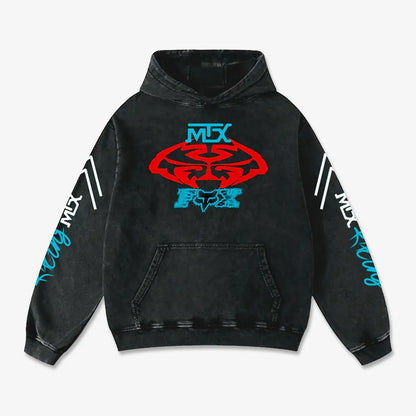 MTX Fox Racing Biker Hoodie Washed Vintage MotoGP Racing Streetwear, Motorcycle Graphic Hoodie Unisex, Designed for Motor Fans, Sportbike Culture, Speed Lovers & Urban Motorbike Style