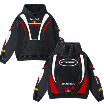 Redbull CBR Biker Hoodie Washed Vintage MotoGP Racing Streetwear, Motorcycle Graphic Hoodie Unisex, Designed for Motor Fans, Sportbike Culture, Speed Lovers & Urban Motorbike Style