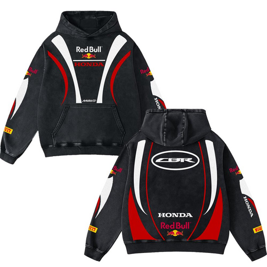 Redbull CBR Biker Hoodie Washed Vintage MotoGP Racing Streetwear, Motorcycle Graphic Hoodie Unisex, Designed for Motor Fans, Sportbike Culture, Speed Lovers & Urban Motorbike Style