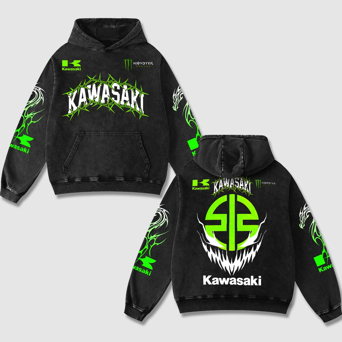 Retro Kawasaki Racing Monster Energy Hoodie Black Acid Washed, Cyber Gothic Thorns Dragon Superbike Enthusiast, Motorsport Biker Graphic Streetwear, Heavyweight Sweatshirt, Retro Moto Gear Apparel Men’s Grunge Y2K Racing Jacket Style Oversized Clothes