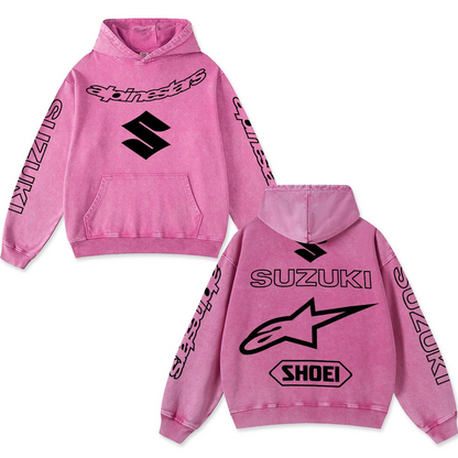 Retro Suzuki Alpinestars Racing Hoodie Black Acid Washed, Japanese Superbike S Logo Shoei Helmets Enthusiast, Motorsport Biker Graphic Streetwear, Heavyweight Sweatshirt, Retro Moto Gear Apparel Men’s Grunge Y2K Racing Jacket Style Oversized Clothes