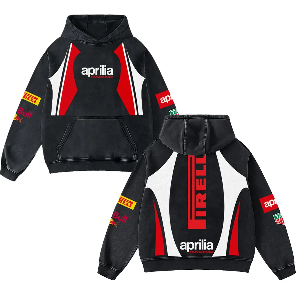 Redbull x Aprilia Biker Hoodie Washed Vintage MotoGP Racing Streetwear, Motorcycle Graphic Hoodie Unisex, Designed for Motor Fans, Sportbike Culture, Speed Lovers & Urban Motorbike Style