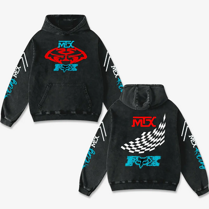 MTX Fox Racing Biker Hoodie Washed Vintage MotoGP Racing Streetwear, Motorcycle Graphic Hoodie Unisex, Designed for Motor Fans, Sportbike Culture, Speed Lovers & Urban Motorbike Style