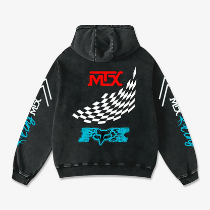 MTX Fox Racing Biker Hoodie Washed Vintage MotoGP Racing Streetwear, Motorcycle Graphic Hoodie Unisex, Designed for Motor Fans, Sportbike Culture, Speed Lovers & Urban Motorbike Style