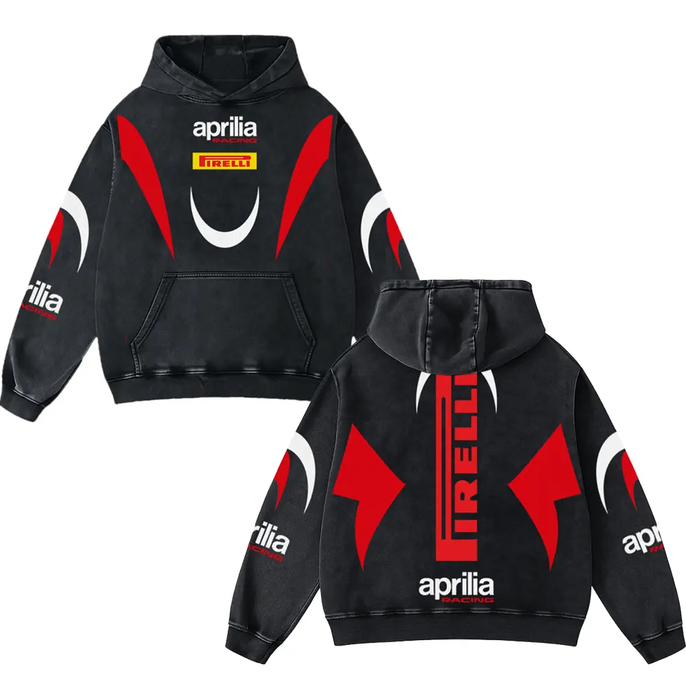 Aprilia x Firelli Biker Hoodie Washed Vintage MotoGP Racing Streetwear, Motorcycle Graphic Hoodie Unisex, Designed for Motor Fans, Sportbike Culture, Speed Lovers & Urban Motorbike Style
