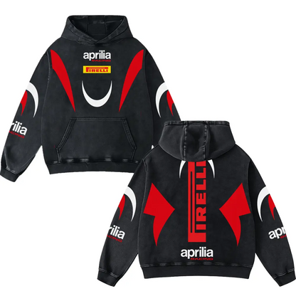 Aprilia x Firelli Biker Hoodie Washed Vintage MotoGP Racing Streetwear, Motorcycle Graphic Hoodie Unisex, Designed for Motor Fans, Sportbike Culture, Speed Lovers & Urban Motorbike Style